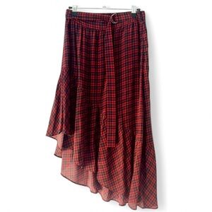 The Kooples Red Plaid Asymmetric Midi Skirt